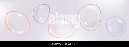 Realistic glass soap ball set with vibrant rainbow gradient and holographic sheen. Transparent 3D liquid bubble sphere with iridescent light refraction, colorful overlay and fluid water texture. Stock Vector