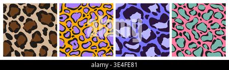 Animal skin patterns in y2k style. Brown and purple leopard spots, neon pink with green cheetah print texture. Abstract vector background for fashion or trendy graphic design Stock Vector