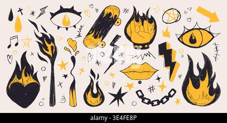 Grunge doodle flame fire vector icon set with punk rock elements - skateboard and eyes, matchsticks and lips in yellow and black colors. Hand drawn shapes for rebellious youth culture designs. Stock Vector