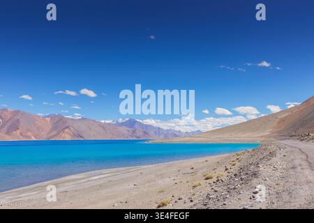 Beautiful Pangong Lake or Pangong Tso, high grassland lake, is a stunning, endorheic lake located in Ladakh, India. Known for changing colors from sha Stock Photo