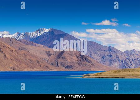 Beautiful Pangong Lake or Pangong Tso, high grassland lake, is a stunning, endorheic lake located in Ladakh, India. Known for changing colors from sha Stock Photo