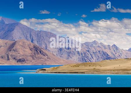 Beautiful Pangong Lake or Pangong Tso, high grassland lake, is a stunning, endorheic lake located in Ladakh, India. Known for changing colors from sha Stock Photo