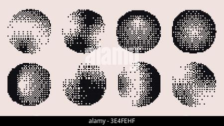 Bitmap pixel circle shapes with dot gradient pattern - round abstract art in black and white halftone texture. Vector set for retro digital graphics, mosaic transitions or geometric design elements Stock Vector