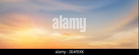 Beautiful sky gradient with soft clouds at sunset. Pastel blue and orange hues blend across horizon. dramatic Backdrop for nature scene landscape with golden sunlight and peaceful twilight colors. Stock Vector