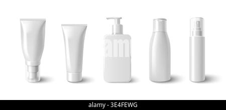 Skincare cosmetic bottles set isolated on white background. Vector realistic illustration of 3d tube and pump containers for shampoo, serum, cream, beauty care products, blank plastic containers Stock Vector