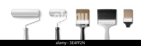3D paint brush and roller set on white background. Vector realistic illustration of painting tools for house interior renovation services, painting art instruments for wall repair, design equipment Stock Vector