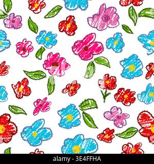 Seamless pattern simple flowers children's drawing with crayons. Hand drawn. Not AI, vector illustration. Stock Vector