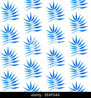 blue tropical leaves, seamless watercolor pattern. Drawing for printing on fabric, wrapping paper, wallpaper Stock Photo
