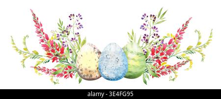 Easter floral composition with red and yellow flowers and eggs. Flower bouquet, watercolor illustration. Happy Easter card Stock Vector