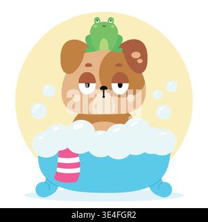 Funny cartoon dog taking a bubble bath with a frog on its head. Vector illustration, isolated background. Stock Vector