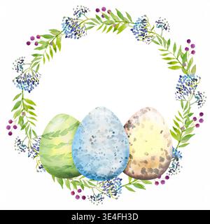 Easter floral wreath with violet and blue flowers, branches, leaves and eggs. Bouquet of flowers, watercolor illustration. Happy Easter card Stock Vector