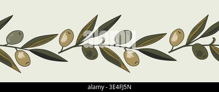Hand drawn olive branch seamless border, isolated on a white background, olive branch painting. Vector illustration Stock Vector
