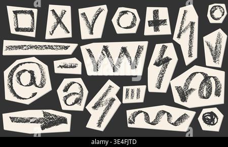 Charcoal pencil hand drawing check box with marks v, x, plus shapes. Black elements on white. Grunge chalk crayon scribbles doodles textures loading Stock Vector