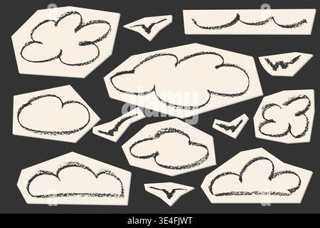 Soft pastel crayon set featuring hand-drawn clouds, rainbows, moons, and arrows. Whimsical chalk-style clipart elements with gentle textures for Stock Vector