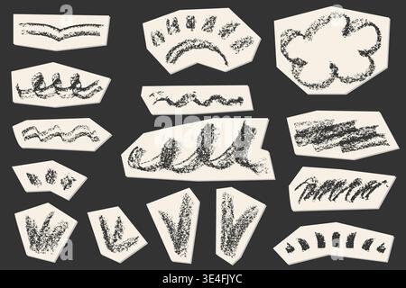 Soft pastel crayon set featuring hand-drawn clouds, rainbows, moons, and arrows. Whimsical chalk-style clipart elements with gentle textures for Stock Vector