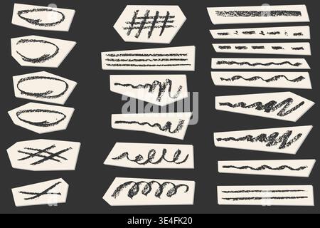 Colorful crayon strokes and pencil lines create playful emphasis marks, underlines, and hand-drawn textures perfect for creative crayon designs and Stock Vector