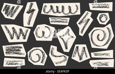 Charcoal pencil hand drawing check box with marks v, x, plus shapes. Black elements on white. Grunge chalk crayon scribbles doodles textures loading Stock Vector