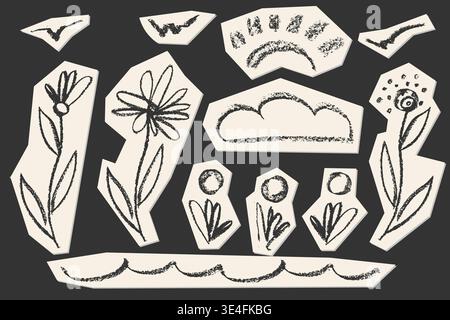Soft pastel crayon set featuring hand-drawn clouds, rainbows, moons, and arrows. Whimsical chalk-style clipart elements with gentle textures for Stock Vector