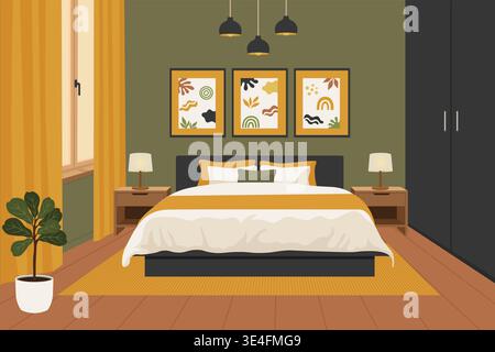 Modern bedroom interior with dark olive walls and yellow curtains vector illustration. Stock Vector