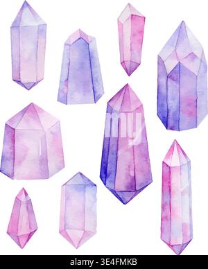 pink and purple crystal gems set, watercolor hand painted illustration.    Elements  isolated on white background  for printing, decoration, wrapping Stock Vector