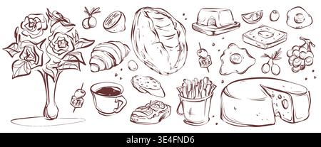 Hand drawn French food illustration set - toast and bread, coffee cup and breakfast items in quirky doodle style. Traditional cuisine sketches with croissant and cheese, jam and pastry elements. Stock Vector