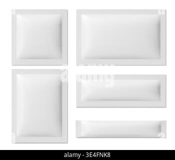 Blank sachet mockups set isolated on white background. Vector realistic illustration of square and rectangle sealed paper or plastic bags for cosmetic mask, wipe, sugar, 3d package layout for branding Stock Vector