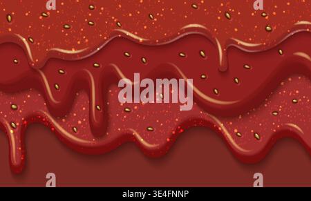 Strawberry jam splash with drip texture. Vector realistic illustration of liquid red syrup drop, ice cream topping, sweet dessert made of summer fruit with seeds, natural candy taste, seamless pattern Stock Vector