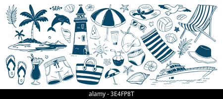 Sketch vintage beach summer vector set with palm trees and lighthouse, seashells and nautical icons. Hand drawn doodle collection of tropical elements, accessories and coastal vacation symbols. Stock Vector