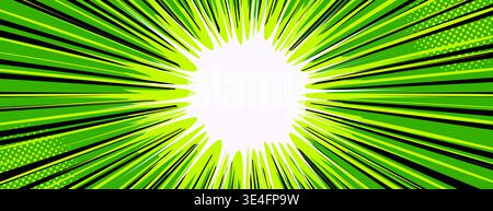 Anime explosion background with dynamic radial burst lines and halftone dots. Comic book style speed effect with blank center and green rays - energetic motion pattern for manga action scenes. Stock Vector