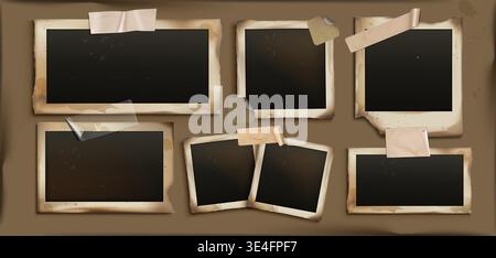 Vintage photo frame set on brown background. Realistic empty picture frames in various sizes attached with adhesive tape strips. Retro torn, stained collage template for scrapbook, memory album Stock Vector
