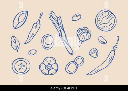 Hand drawn vegetables doodle set. Vector Line Art Cooking Ingredients Illustration Stock Vector