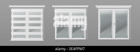 Window blind set with realistic 3D white roller curtain styles. Zebra vision duo blinds with day and night shades on glass frames. interior design mockups - office and home decor illustration. Stock Vector