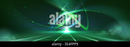Tech background with glowing green and blue neon light trails - dynamic speed effect on dark bg. Futuristic digital motion design with luminous curved lines, sparkles and energy beams over grid. Stock Vector