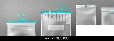 Plastic bag mockup set with transparent ziplock pouches and vinyl packaging. Realistic clear zip bags with resealable closures, handles and blank sealed envelopes for food storage templates. Stock Vector