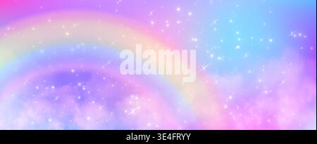 Unicorn rainbow background with sparkling bokeh lights and gradient. Watercolor sky with glittering stars. Dreamy princess backdrop with kawaii magic sparkles and soft fairy tale atmosphere. Stock Vector