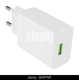 White phone charger with a USB port against a plain background Stock Photo