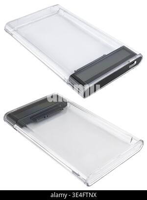 Hard drive or SSD enclosure with quick-connect functionality and a compact design, shown against Stock Photo