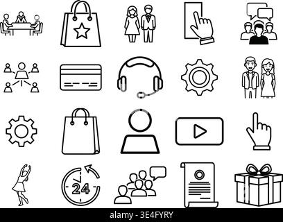 A collection of various business and communication icons in a simple line style showing people interacting with each other and using technology. Stock Vector