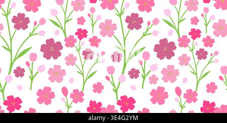 Seamless pattern with spring pink flowers. Hand drawn. Not AI, vector illustration. Stock Vector