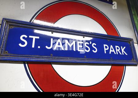 St. James's Park sign, the classic red and blue roundel of London Underground. London, UK, 21 April 2024 Stock Photo