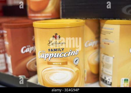 Bellarom Family Cappuccino white in yellow packaging, detailed view on the shelf, by Lidl Stock Photo