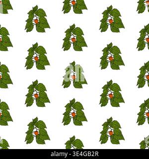 Physalis branch with lush foliage. Seamless pattern. Stock Vector