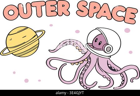 Cute octopus astronaut in outer space with planet saturn and cosmic stars cartoon vector illustration for kids. Stock Vector