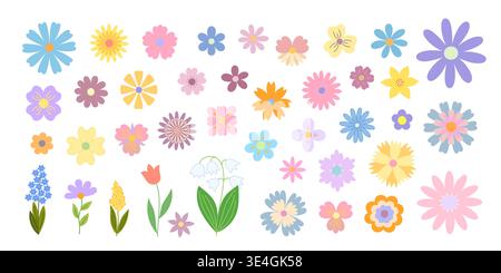 Flowers, leaves set, hand drawn flat style vector illustration, symbol of spring, cozy home, spring Easter holidays celebration decor, clipart for cards, banner, springtime decoration Stock Vector