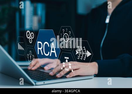 Root Cause Analysis Problem Solving Concept. RCA interface, question, process diagram, performance chart, workflow, issue investigation, problem ident Stock Photo