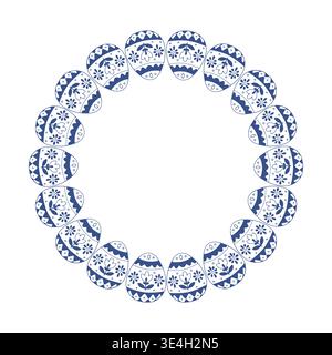 Decorative Easter eggs wreath with geometric floral pattern in Nordic blue line art style. Vector isolated illustration on white background. Stock Vector