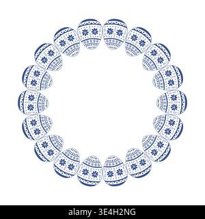 Floral Easter eggs circle frame in folk blue outline style. Vector isolated illustration on white background. Stock Vector