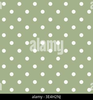 sage green background with evenly spaced white polka dots. Pattern repeats uniformly across the entire frame. Simple, clean, and visually soothing des Stock Vector