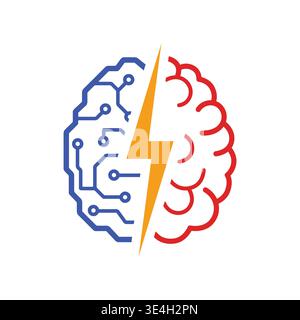 Artificial intelligence vs human brain concept vector illustration. Split brain design with digital circuit side and human organic side divided by lig Stock Vector
