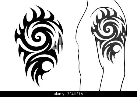 Abstract tribal tattoo with spiral flame shapes designed for arm or shoulder placement. Bold black ornamental pattern with dynamic curves and modern t Stock Vector
